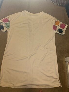 Cream T-Shirt Dress with Colorful Crochet Sleeve Accents